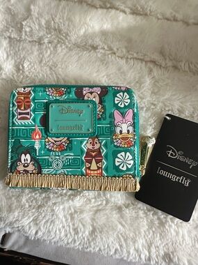 Loungefly time room Teal Hawaiian Disney Character Zip Wallet w/Gold Fringe NWT